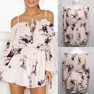 Free People Floral Off Shoulder Long Sleeve Romper Small Boho Coastal Chic Vacay